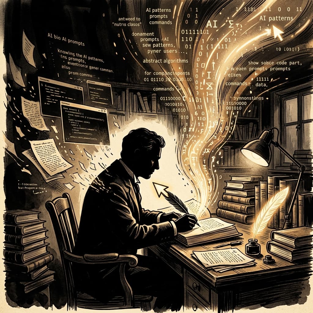 Illustration éditoriale : un écrivain à son bureau dont la plume se transforme en flux de code lumineux