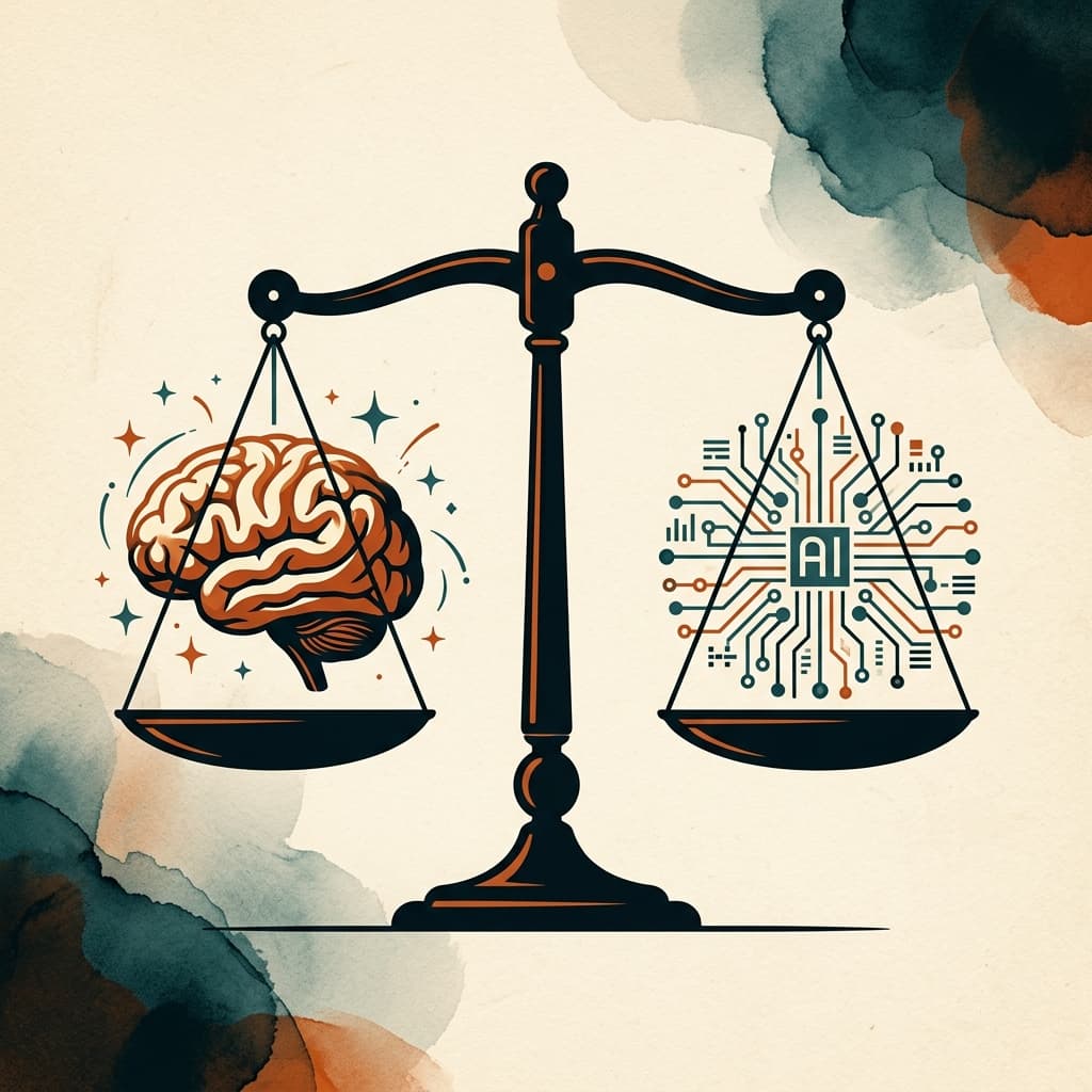 Illustration éditoriale : une balance en équilibre entre cerveau humain et circuit IA