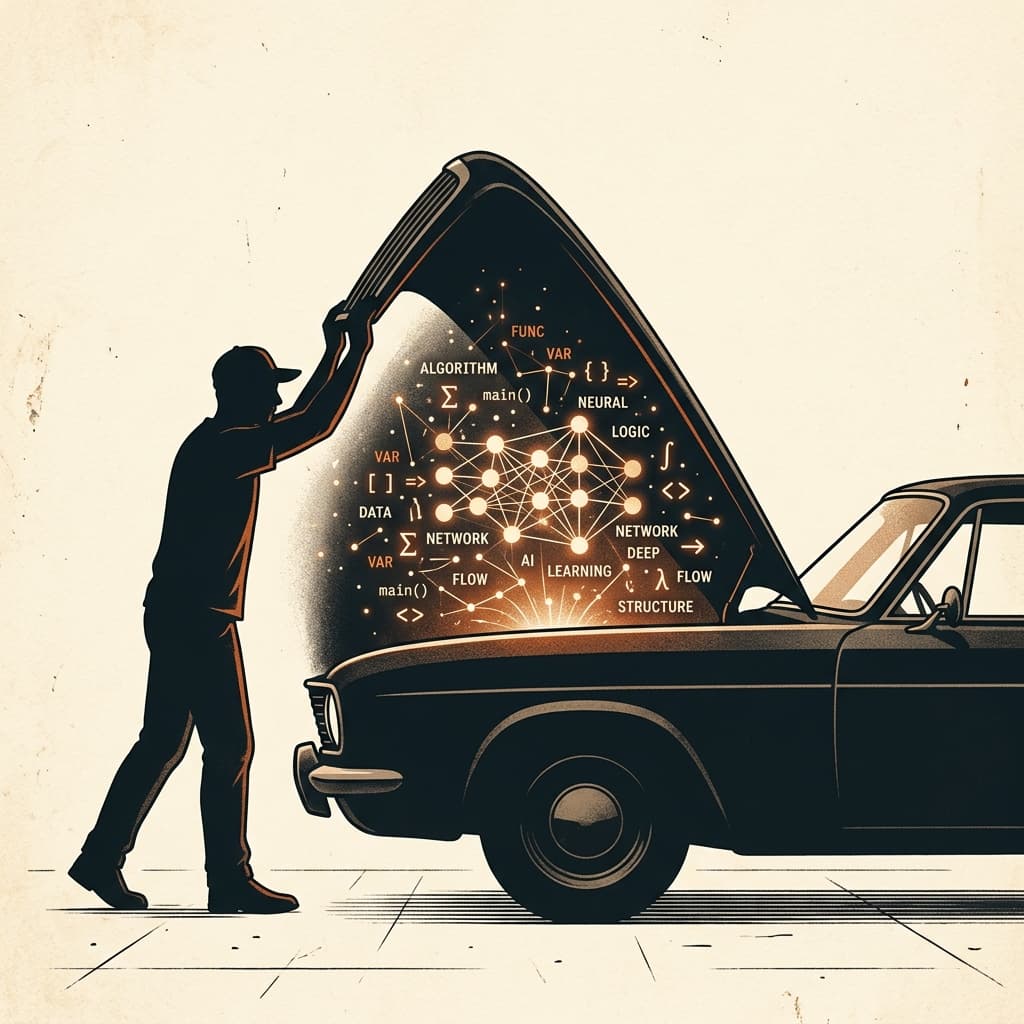 Illustration éditoriale : une silhouette ouvre le capot d'une voiture, révélant un réseau neuronal lumineux