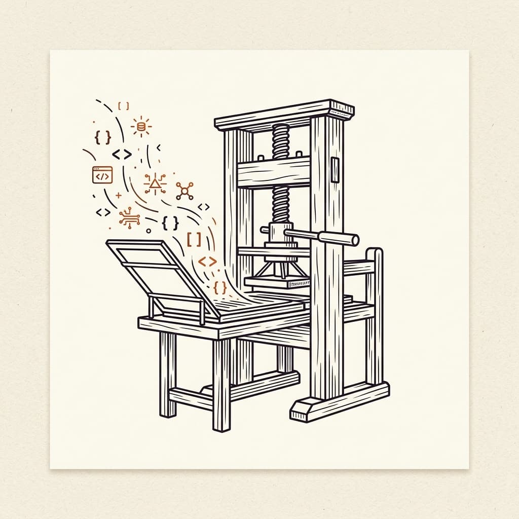 Illustration éditoriale : une presse d'imprimerie Gutenberg modifiée produisant des lignes de code et des crochets lumineux