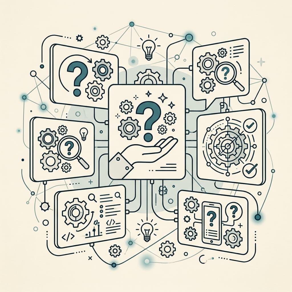 Illustration éditoriale : des panneaux conceptuels avec engrenages et points d'interrogation illustrant une FAQ technique