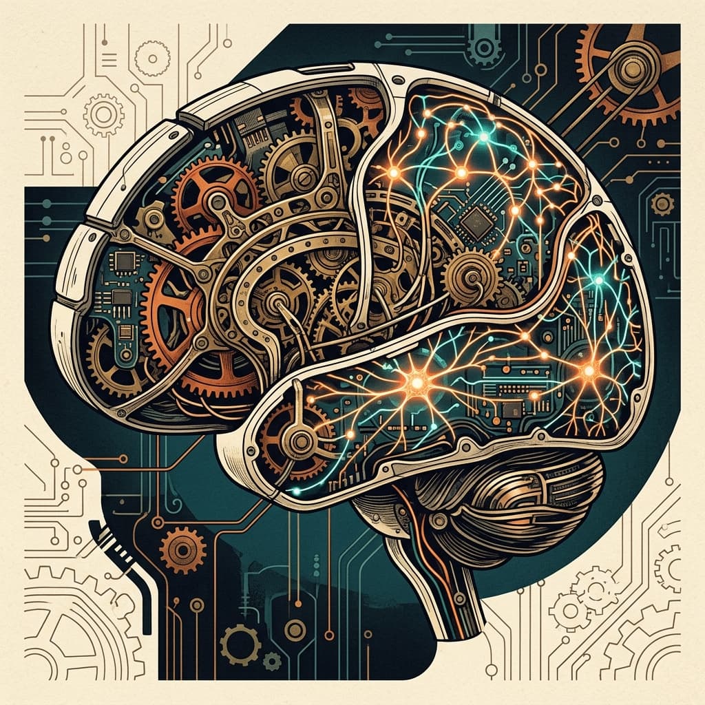 Illustration éditoriale : un cerveau mécanique en coupe, mêlant engrenages et réseaux neuronaux