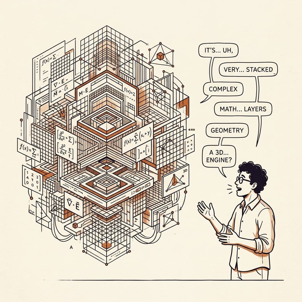 Illustration éditoriale : un homme essayant de décrire une structure géométrique tridimensionnelle complexe à l'aide de bulles de texte simplifiées