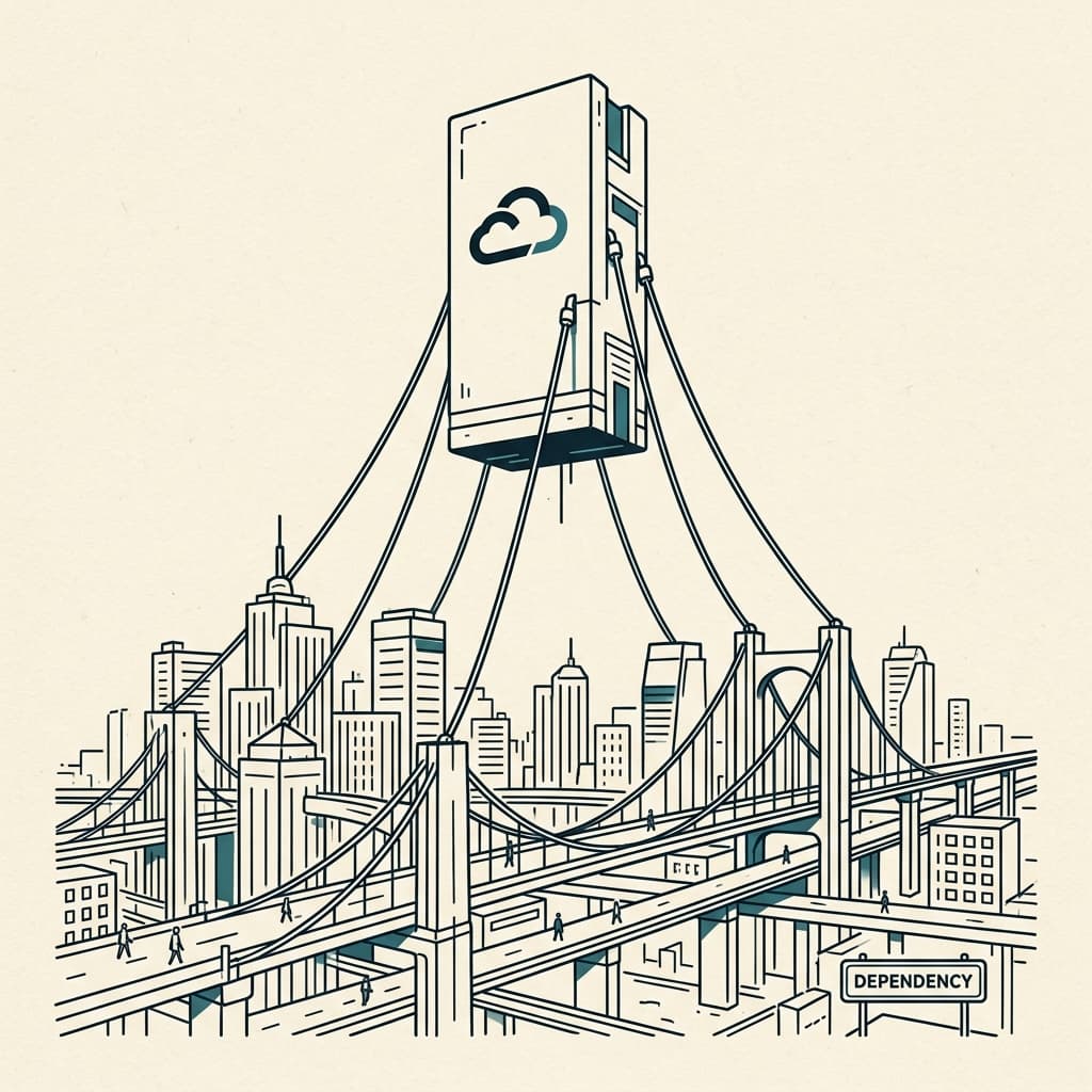 Illustration éditoriale : une ville moderne suspendue par des câbles reliés à un unique monolithe cloud flottant