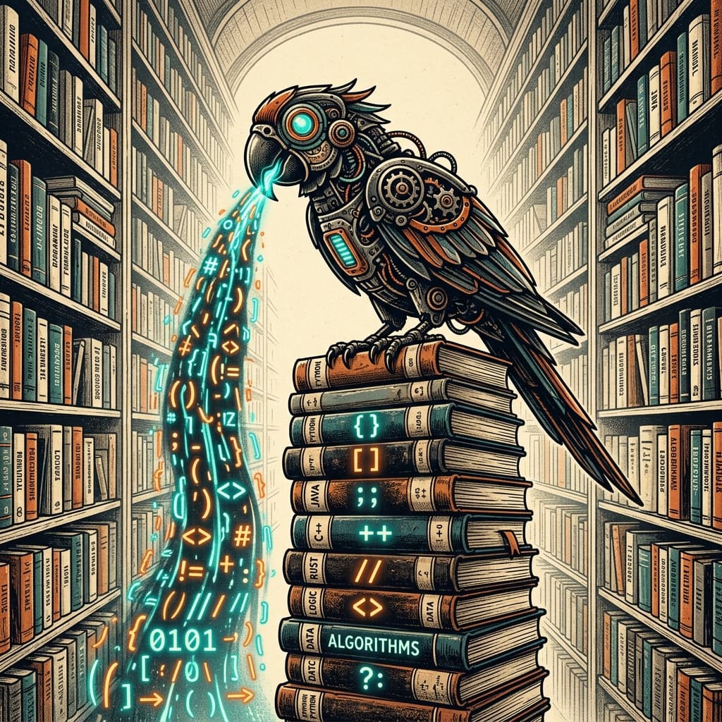 Illustration éditoriale : un perroquet mécanique perché sur une pile de livres de code, crachant des tokens lumineux