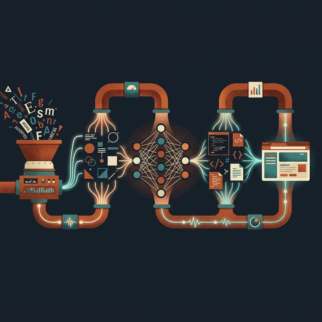 Illustration infographique : pipeline montrant les 5 étapes de la génération de code par IA
