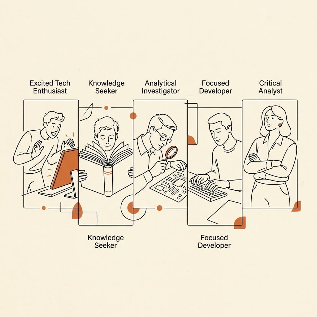 Illustration éditoriale : cinq archetypes de personnages face au code et à la technologie (enthousiaste, chercheur, analyste, developpeur, critique)