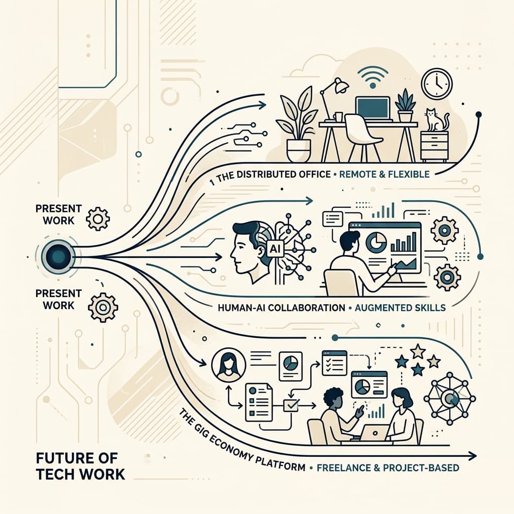 Illustration éditoriale : diagramme montrant trois voies d'évolution du travail en synergie avec l'IA