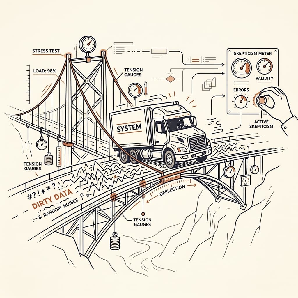Dessin conceptuel : un camion lourdement chargé testant un pont de fils suspendu