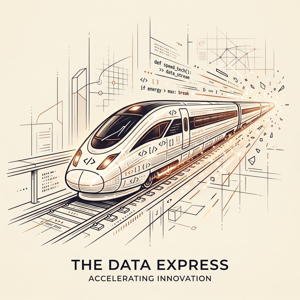 Illustration éditoriale : un train à grande vitesse futuriste fait de lumière et de code projeté vers l'avant