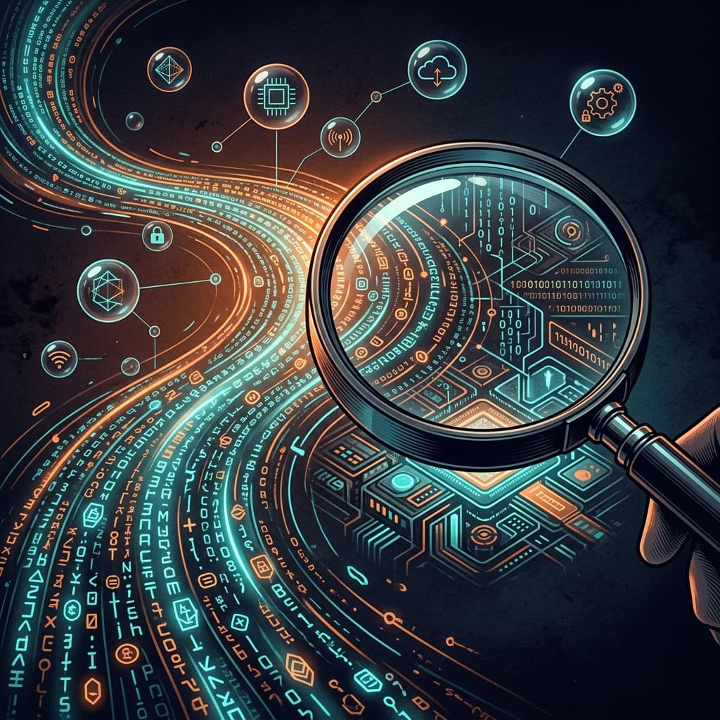 Illustration éditoriale : une loupe qui décode un flux de données